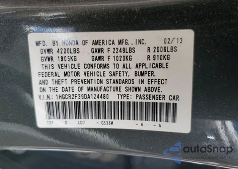 2013 Honda Accord Lx from USA, damaged, VIN 1HGCR2F39DA124480